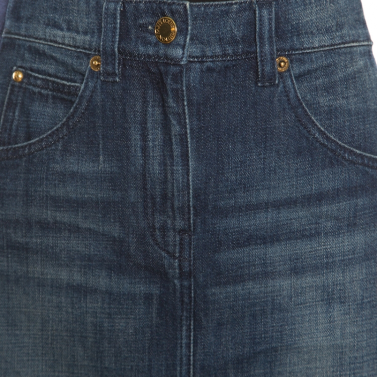 Pre Owned Louis Vuitton Indigo Faded Effect Denim Side Paneled Mini Skirt S