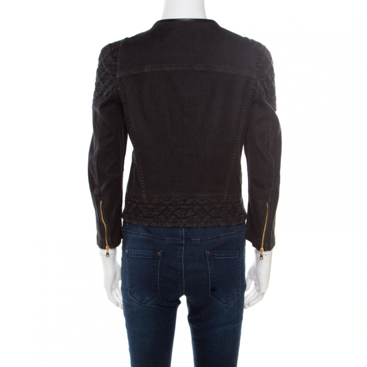 Pre Owned Louis Vuitton Black Washed Effect Denim Monogram Embroidered Collarless Jacket M
