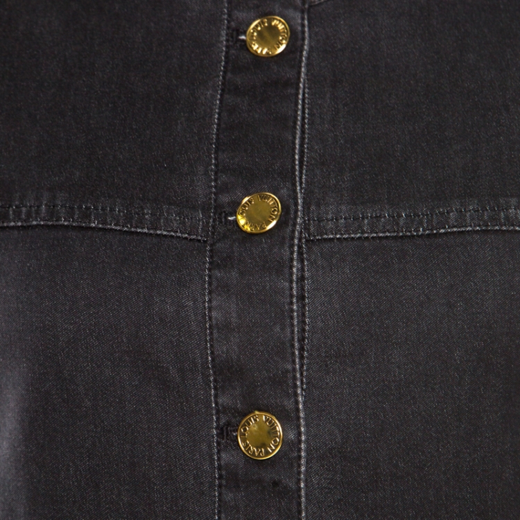 Pre Owned Louis Vuitton Black Washed Effect Denim Monogram Embroidered Collarless Jacket M