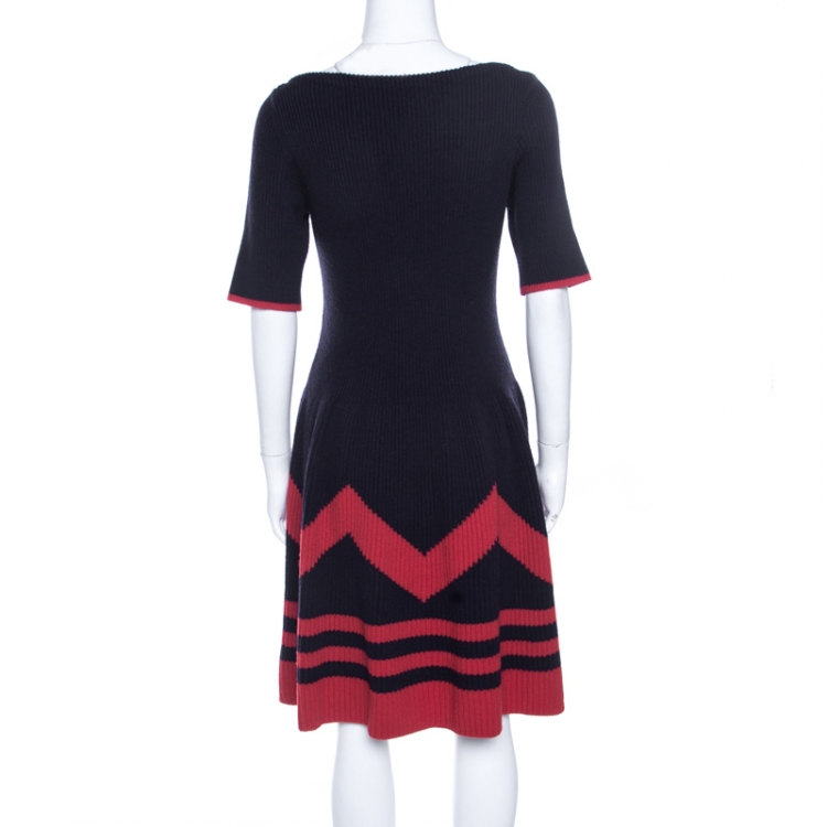 Pre Owned Louis Vuitton Navy Blue Wool and Cashmere Contrast Trim Detail Boat Neck Dress L