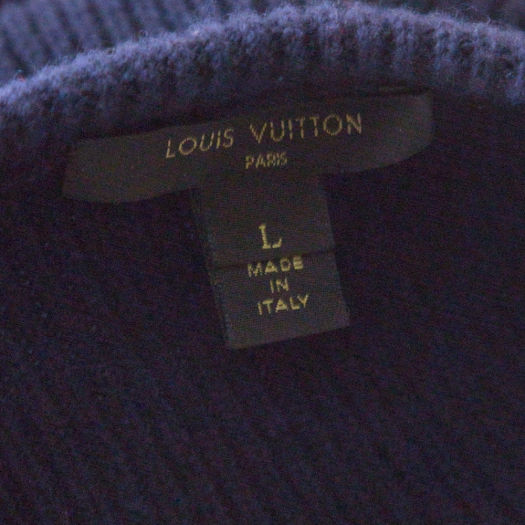 Pre Owned Louis Vuitton Navy Blue Wool and Cashmere Contrast Trim Detail Boat Neck Dress L