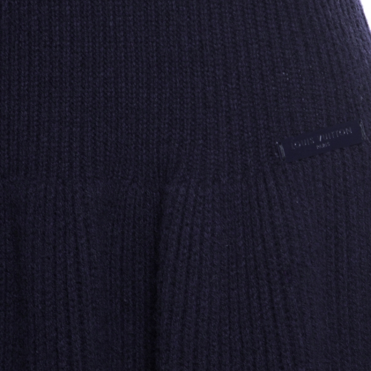 Pre Owned Louis Vuitton Navy Blue Wool and Cashmere Contrast Trim Detail Boat Neck Dress L
