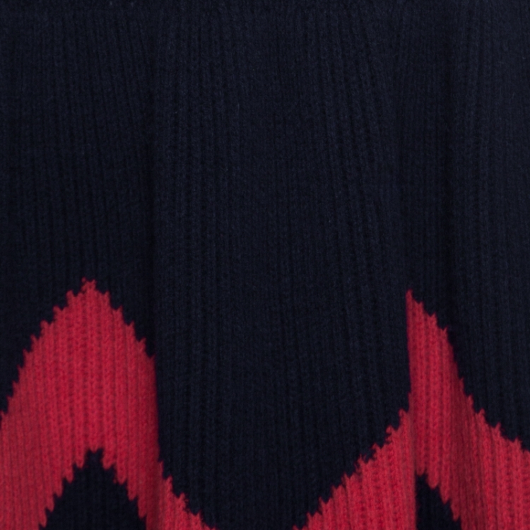 Pre Owned Louis Vuitton Navy Blue Wool and Cashmere Contrast Trim Detail Boat Neck Dress L