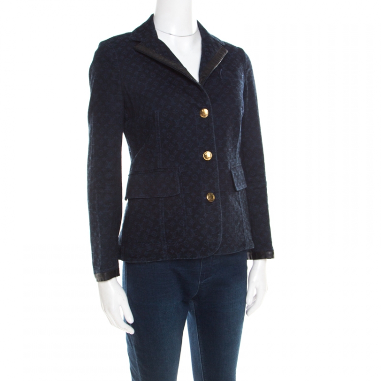Pre Owned Louis Vuitton Indigo Dark Wash Denim Monogram Contrast Leather Trim Jacket M