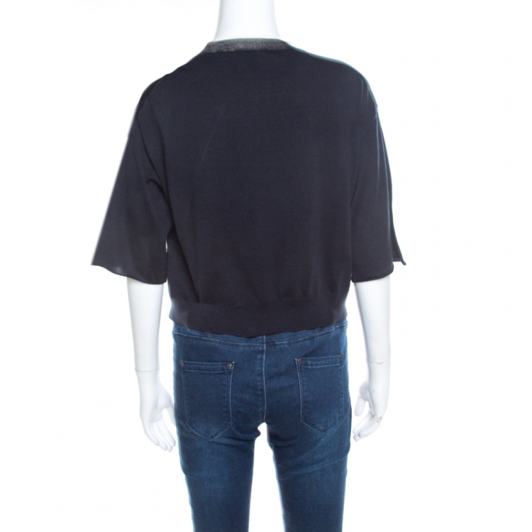 Pre Owned Louis Vuitton Navy Blue Silk and Cotton Knit Crew Neck Crop Top L