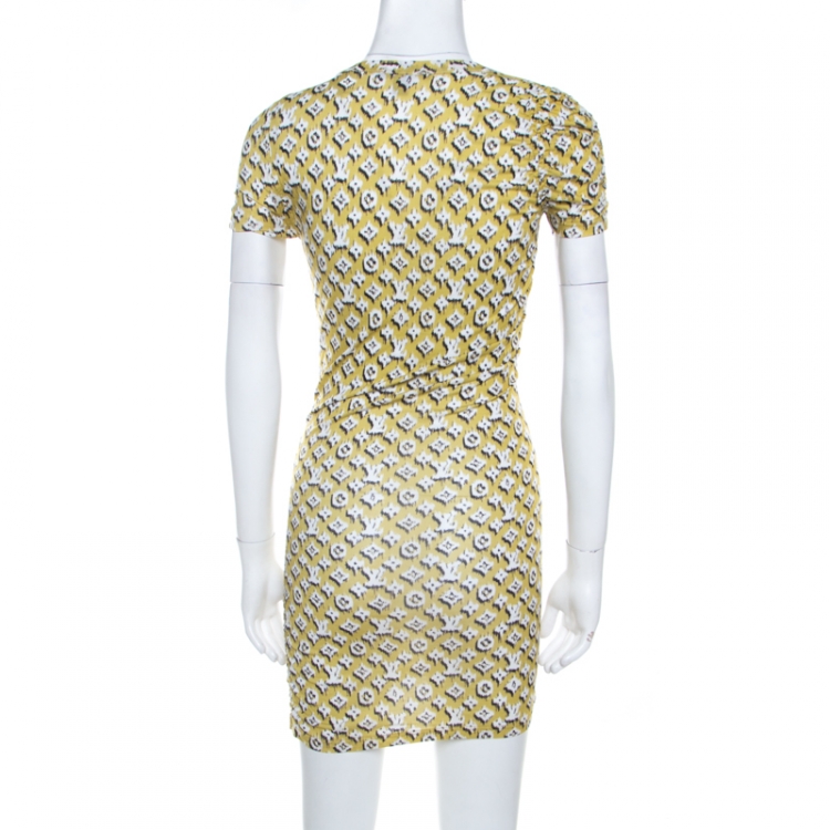 Pre Owned Louis Vuitton Yellow Monogram Print Cotton Ruche Detail Mini Dress S