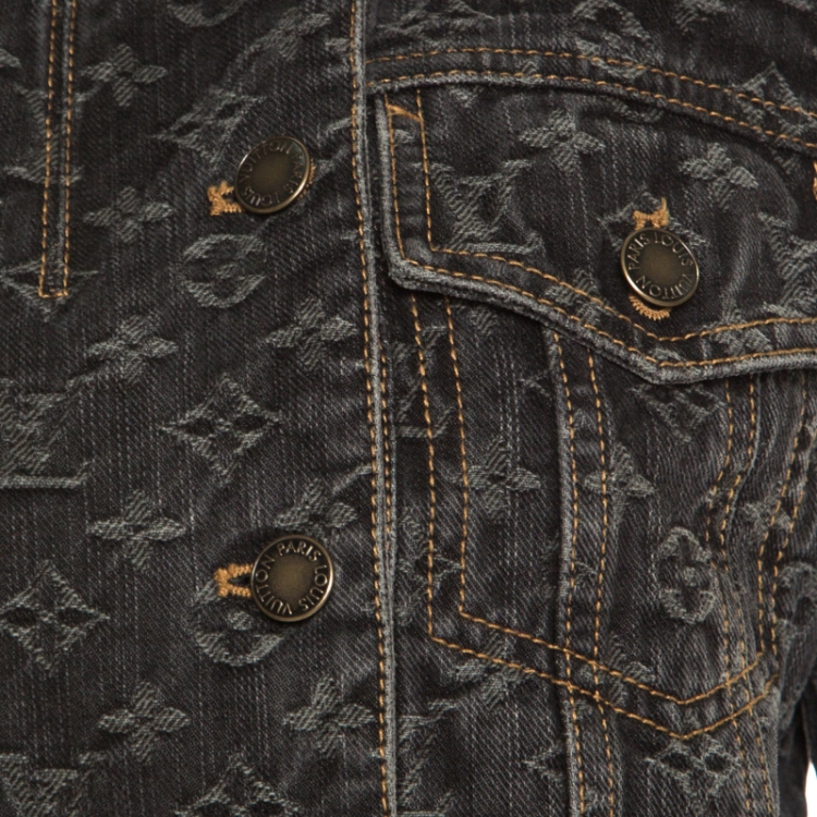 Pre Owned Louis Vuitton Dark Grey Monogrammed Denim Velvet Collar Detail Jacket M