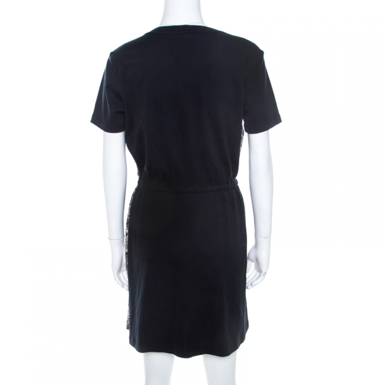 Pre Owned Louis Vuitton Navy Blue Jersey and Silk Printed Monogram Dress M 