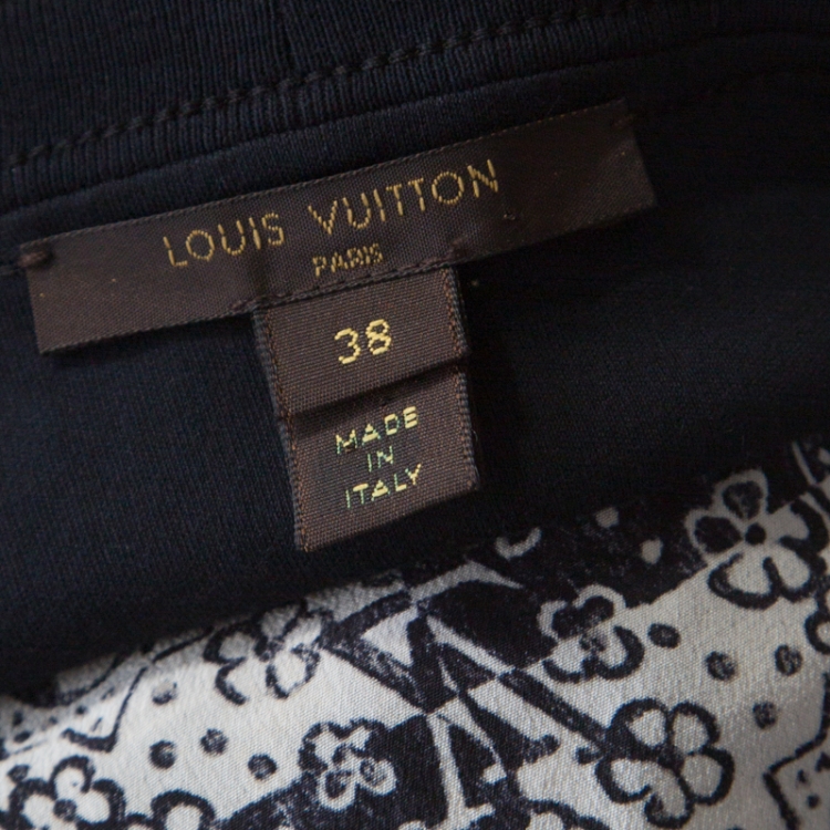 Pre Owned Louis Vuitton Navy Blue Jersey and Silk Printed Monogram Dress M 