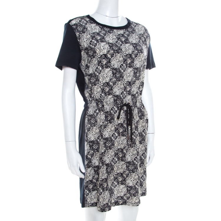 Pre Owned Louis Vuitton Navy Blue Jersey and Silk Printed Monogram Dress M 