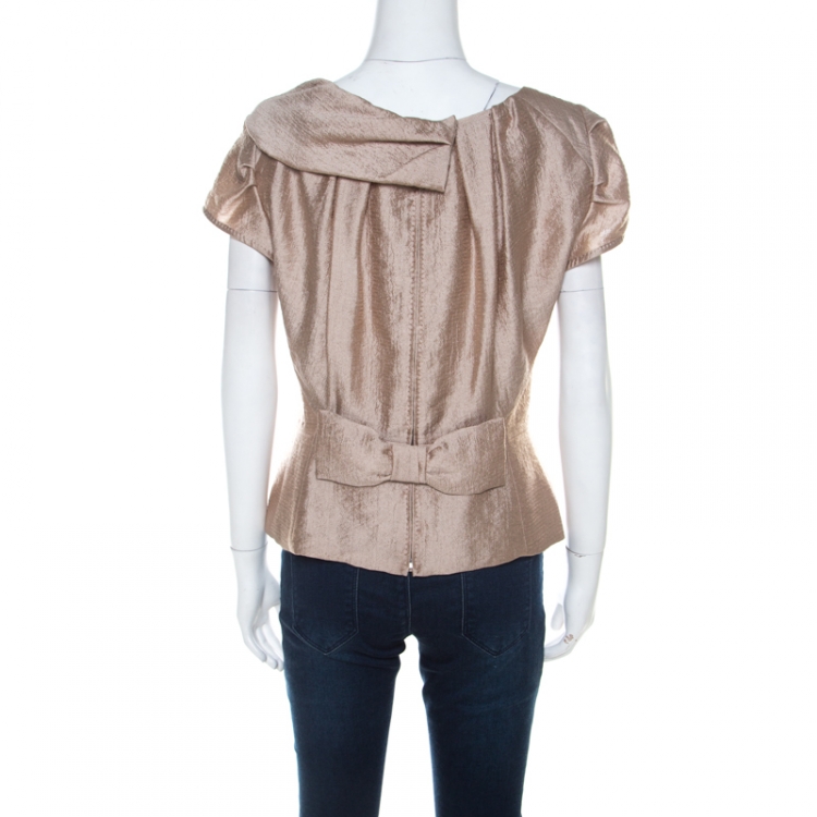 Pre Owned Louis Vuitton Beige Wool Bow Detail Short Sleeve Blouse M 