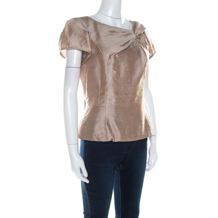 Pre Owned Louis Vuitton Beige Wool Bow Detail Short Sleeve Blouse M 