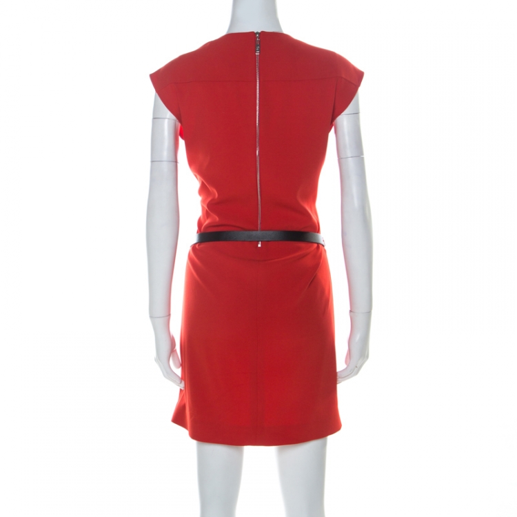 Pre Owned Louis Vuitton Red Crepe Sleeveless Belted Dress M