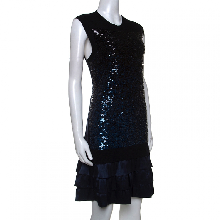 Pre Owned Louis Vuitton Navy Blue Cashmere and Silk Sequinned Dress M