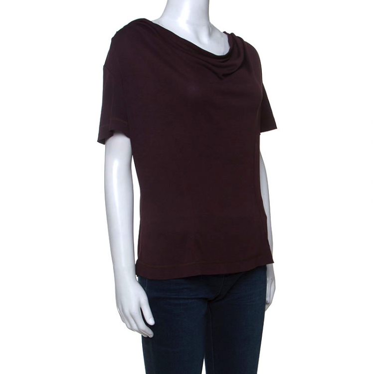 Pre Owned Louis Vuitton Burgundy Knit Draped Neck Back Tie Detail Top M