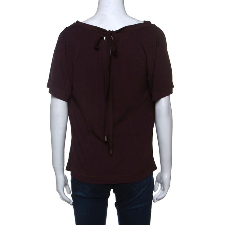 Pre Owned Louis Vuitton Burgundy Knit Draped Neck Back Tie Detail Top M