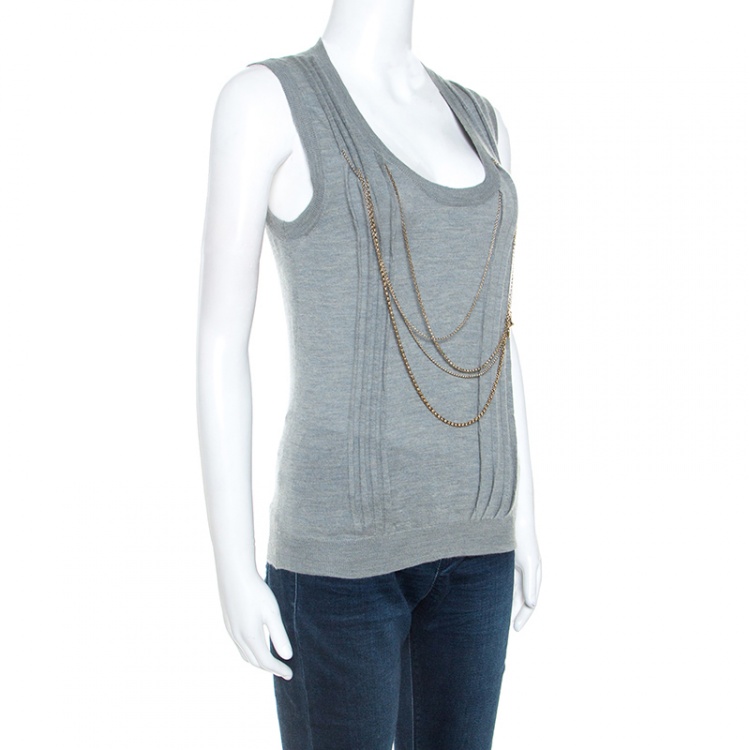 Pre Owned Louis Vuitton Grey Cashmere Knit Chain Detail Sleeveless Top S