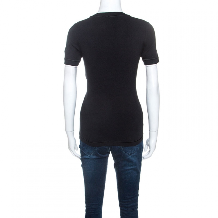 Pre Owned Louis Vuitton Black Stretch Cotton Sequinned Waist Flap Detail Top M