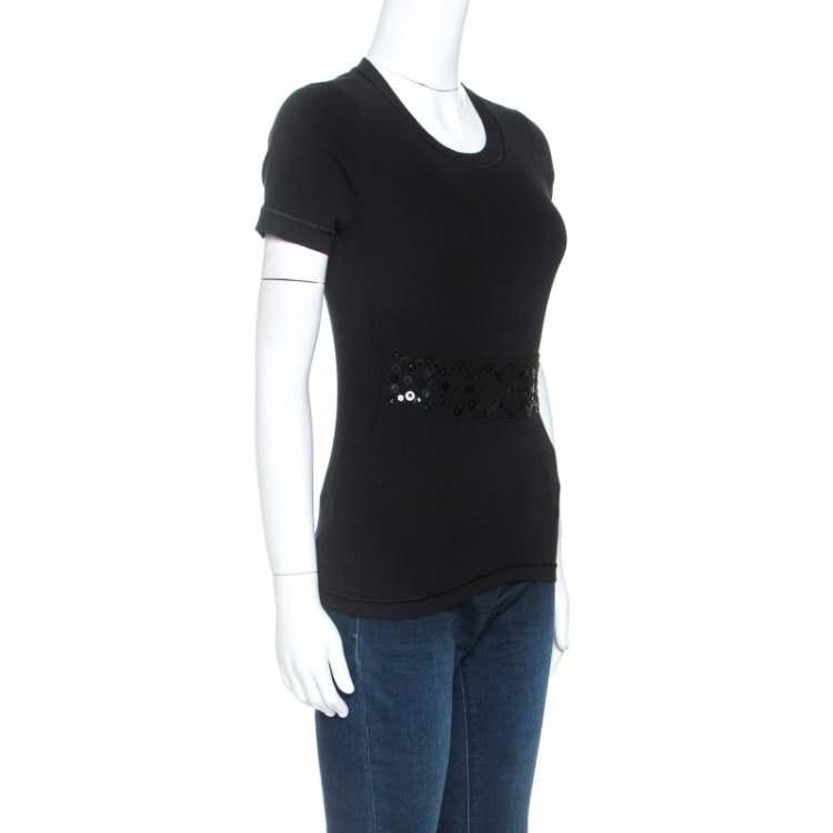 Pre Owned Louis Vuitton Black Stretch Cotton Sequinned Waist Flap Detail Top M
