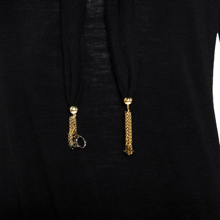 Pre Owned Louis Vuitton Black Wool Tassel Tie Detail Knit Top M