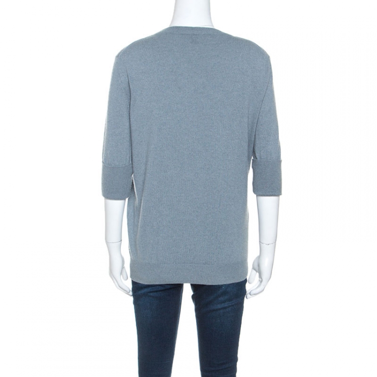 Pre Owned Louis Vuitton Grey Cashmere Twisted Collar Detail Short Sleeve Sweater M