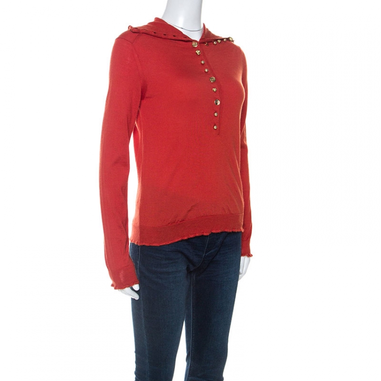 Louis Vuitton Brick Red Cashmere Button Front High Collar Sweater
