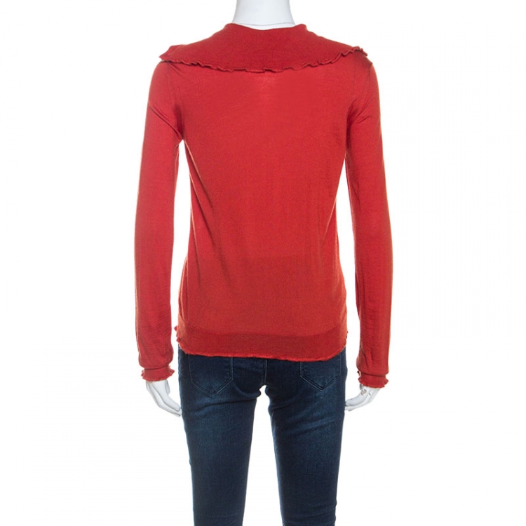 Pre Owned Louis Vuitton Brick Red Cashmere Button Front High Collar Sweater XS
