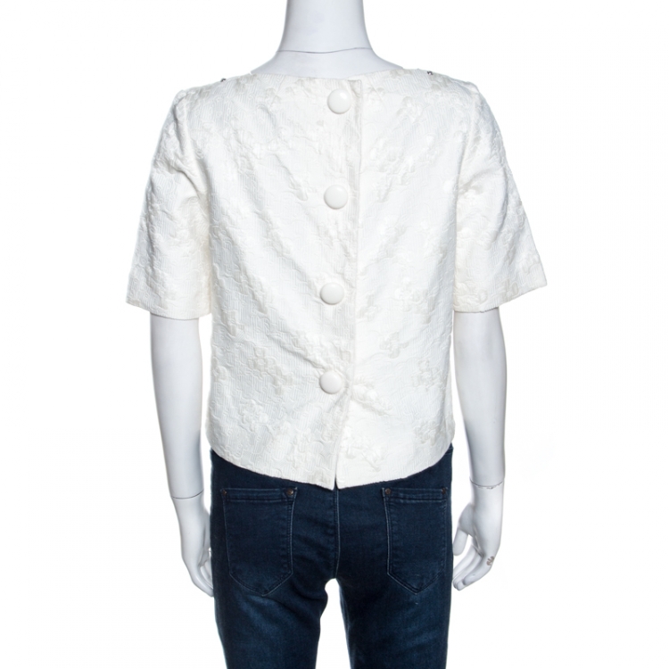 Pre Owned Louis Vuitton White Embossed Jacquard Button Detail Blouse M