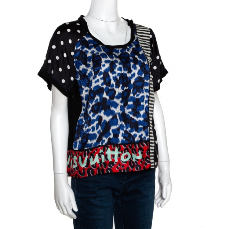 مملوكة مسبقًا Louis Vuitton Multicolor Silk Jersey Trim Patch Print Top M 