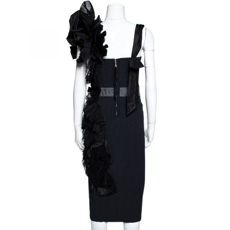 Pre Owned Louis Vuitton Black Embellished & Ruffled Sleeveless Dress M