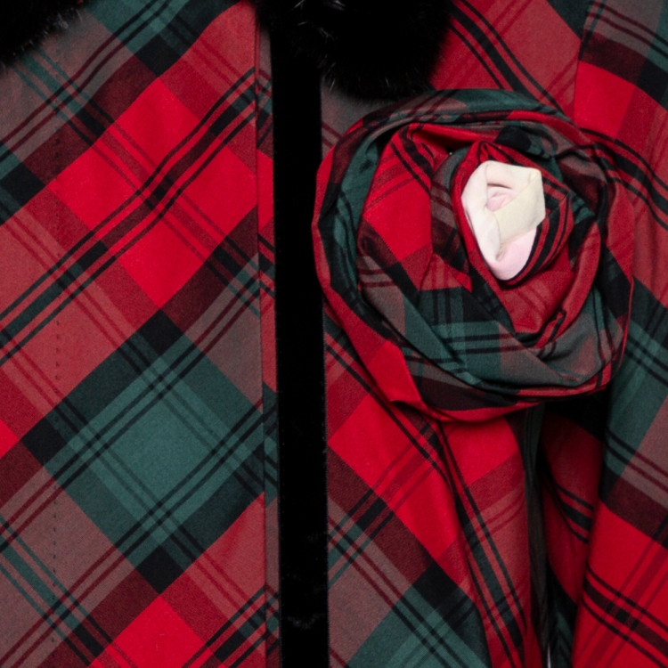 Pre Owned Louis Vuitton Red Tartan Check Detachable Mink Collar Coat M