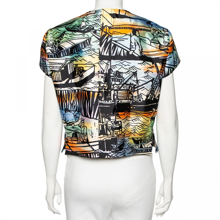 Pre Owned Louis Vuitton Multicolored Printed Silk Zip Front Top M