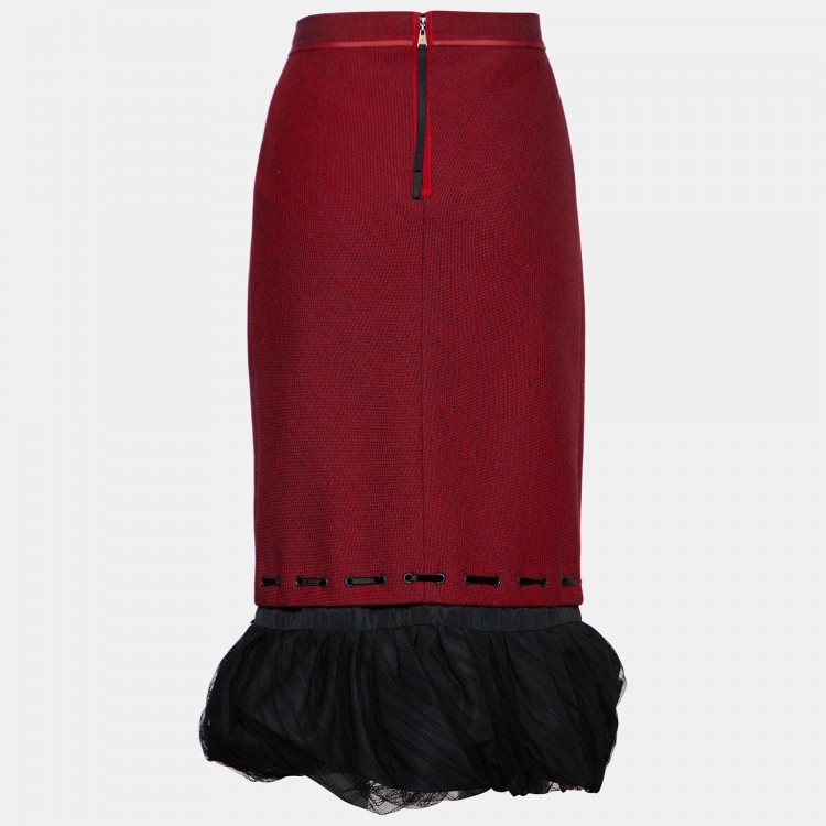 Pre Owned Louis Vuitton Red Wool & Tulle Ruffled Hem Skirt L
