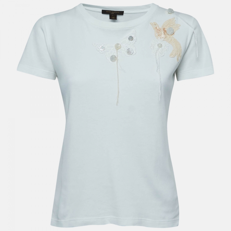 Louis Vuitton White Cotton Lace Applique Short Sleeve T-Shirt L