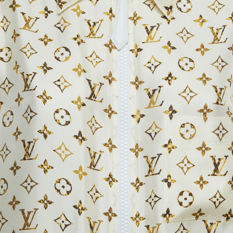 Pre Owned Louis Vuitton Cream Monogram Silk Zip-Up Long Sleeve Shirt M