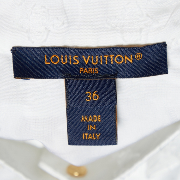 Pre Owned Louis Vuitton White Monogram Fil Coupé Cotton Frill Blouse S
