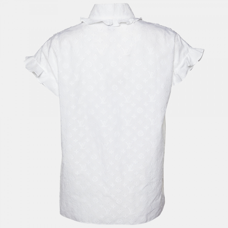 Pre Owned Louis Vuitton White Monogram Fil Coupé Cotton Frill Blouse S