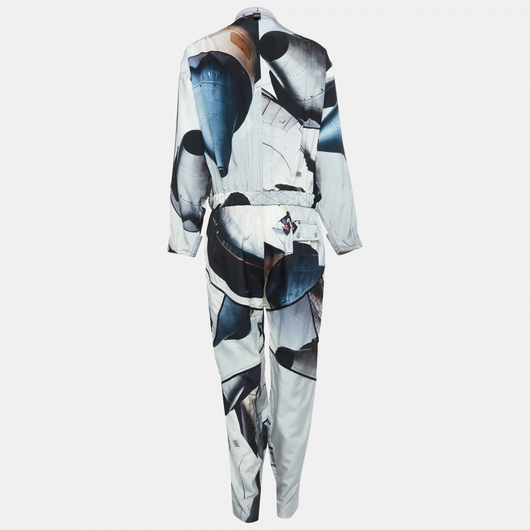 Pre Owned Louis Vuitton Blue Printed Silk Blend Belted Jumpsuit M