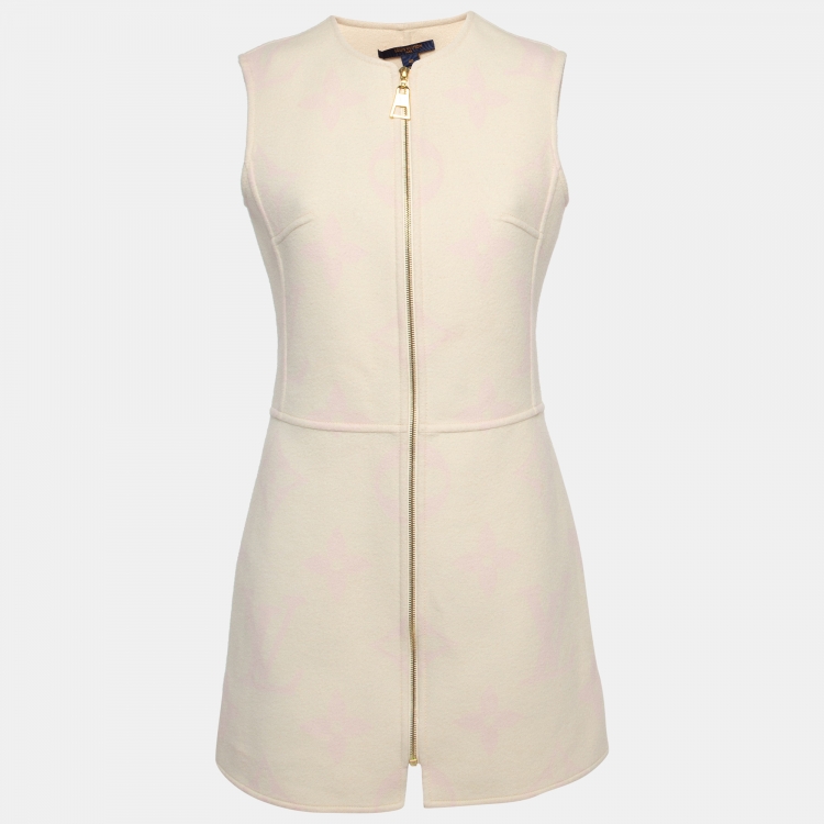 Pre Owned Louis Vuitton Cream Logo Print Wool Zipper Mini Dress M