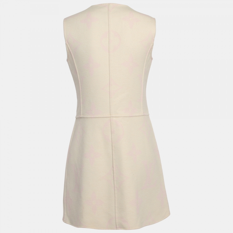 Pre Owned Louis Vuitton Cream Logo Print Wool Zipper Mini Dress M