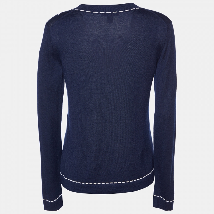 Pre Owned Louis Vuitton Navy Blue Wool & Silk Knit Cardigan M 