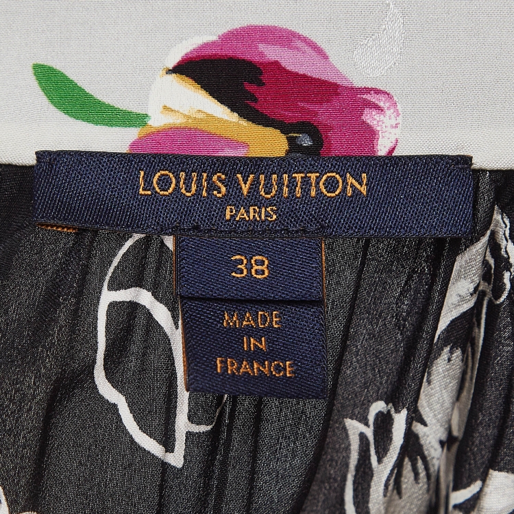 Pre Owned Louis Vuitton Black Floral Print Silk Flared Midi Dress M