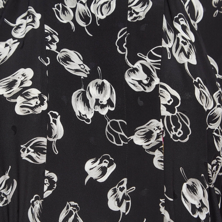 Pre Owned Louis Vuitton Black Floral Print Silk Flared Midi Dress M