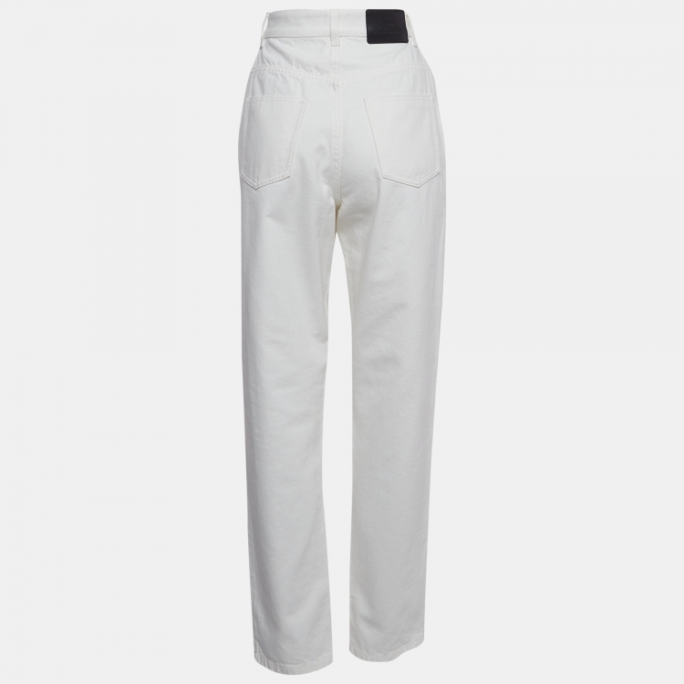 Pre Owned Louis Vuitton White Leather Applique Denim Jeans M Waist 28"