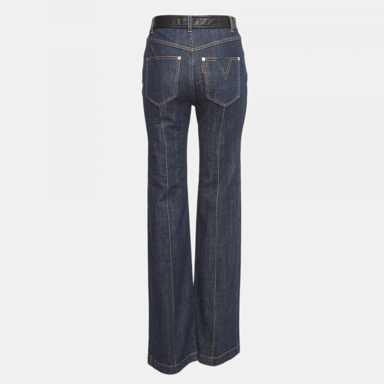 Pre Owned Louis Vuitton Navy Blue Leather Trim Denim Jeans M Waist 31"