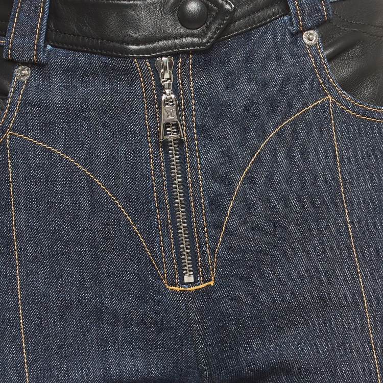 Pre Owned Louis Vuitton Navy Blue Leather Trim Denim Jeans M Waist 31"