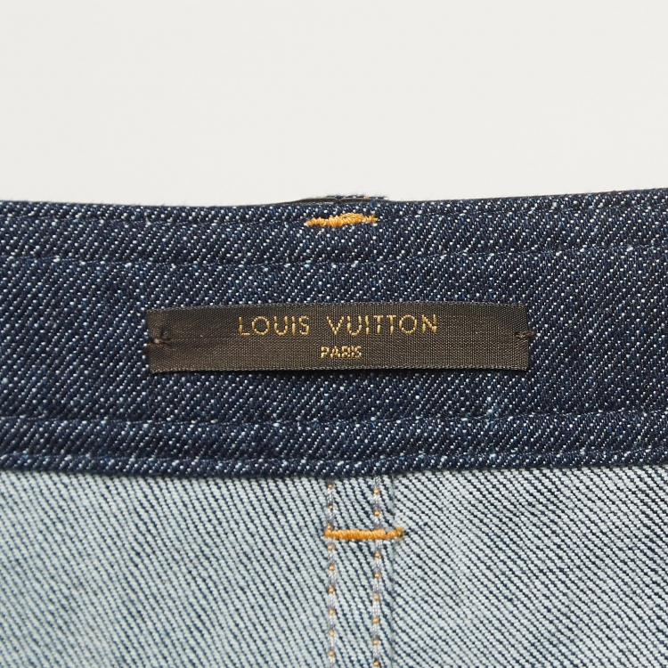 Pre Owned Louis Vuitton Navy Blue Leather Trim Denim Jeans M Waist 31"