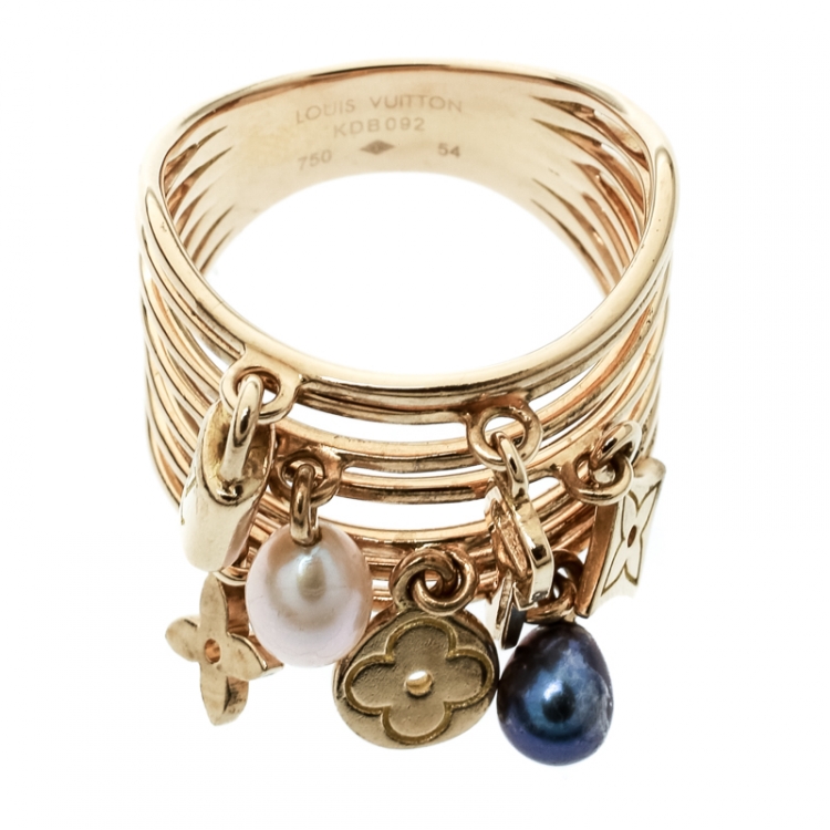 Pre Owned Louis Vuitton Cultured Pearl & Monogram Charm 18K Yellow Gold Cocktail Ring Size 54