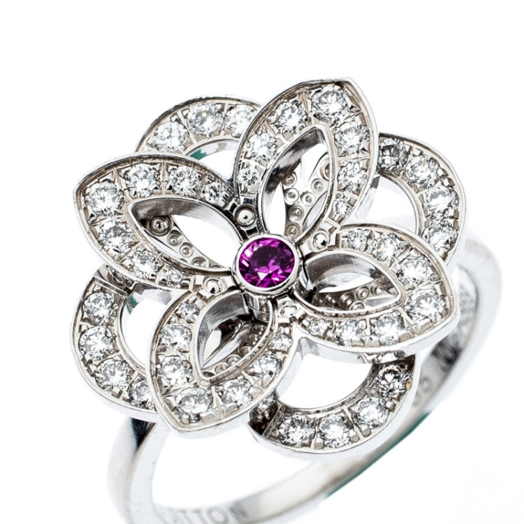 Pre Owned Louis Vuitton Diamond & Pink Sapphire Flower 18k White Gold Ring 