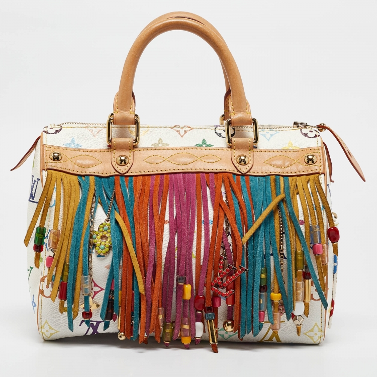 Pre Owned Louis Vuitton White Monogram Multicolore Canvas Limited Edition Fringe Speedy 25 Bag